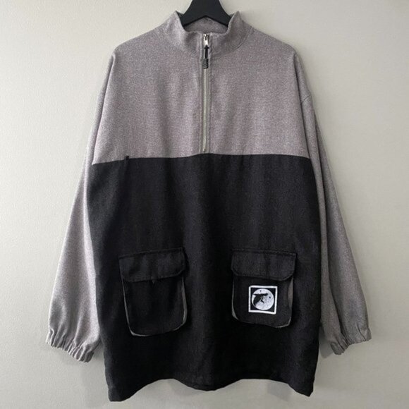 MODAKAWA Charcoal GreyBlack Light Grey Bicolour Punk Pocket Sweatshirt Dress - Picture 1 of 10